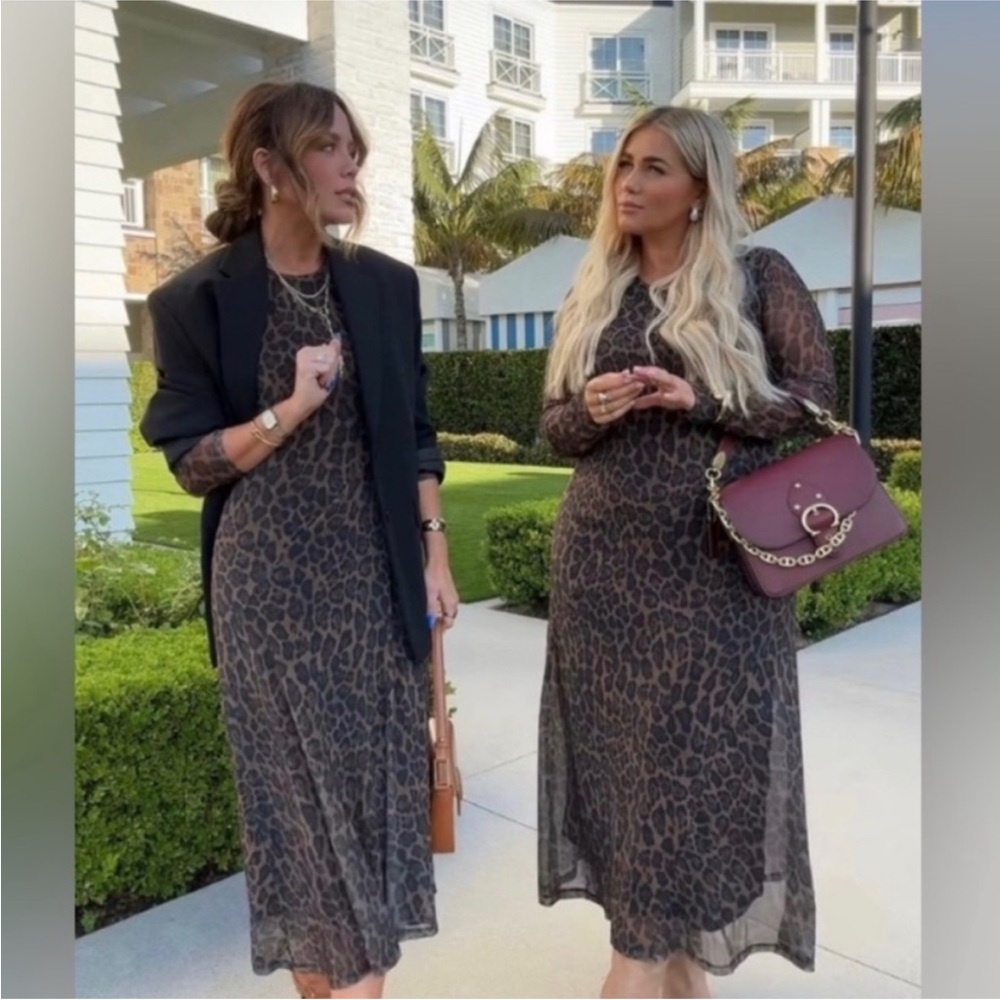 Rachel Zoe Leopard Mesh Midi Dress Brown and Black Animal Print XS - Picture 4 of 11